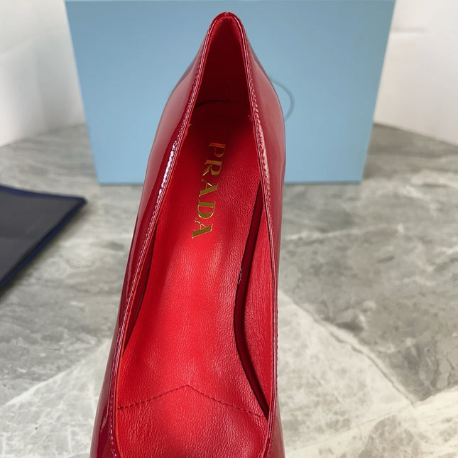 PRADA 25S LOW HEELS SLIP ON BOW 45MM IN DARK WINE RED GLOSSY CALFSKIN