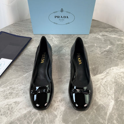 PRADA 25S LOW HEELS SLIP ON BOW 45MM IN BLACK GLOSSY CALFSKIN
