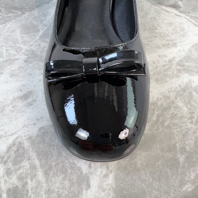 PRADA 25S LOW HEELS SLIP ON BOW 45MM IN BLACK GLOSSY CALFSKIN