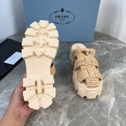 PRADA 25S MONOLITH RUBBER MULES IN BEIGE RAFFIA AND LAMBSKIN