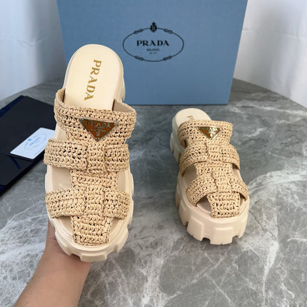 PRADA 25S MONOLITH RUBBER MULES IN BEIGE RAFFIA AND LAMBSKIN