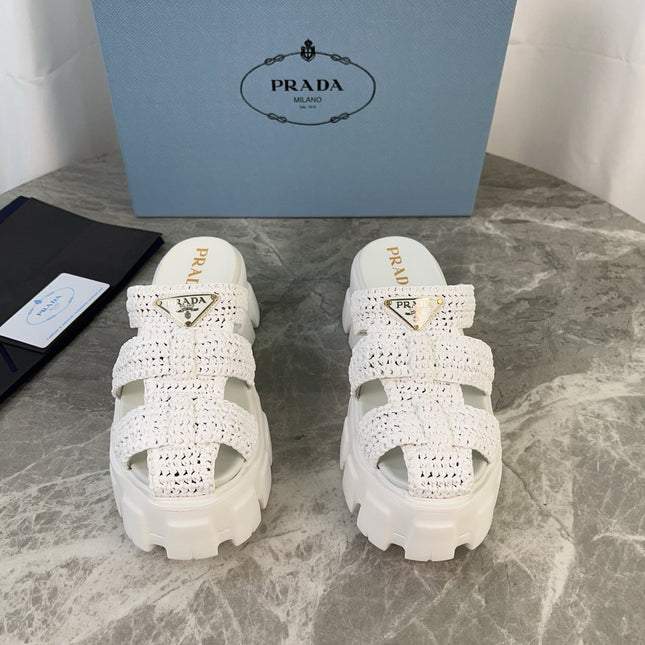 PRADA 25S MONOLITH RUBBER MULES IN WHITE RAFFIA AND LAMBSKIN