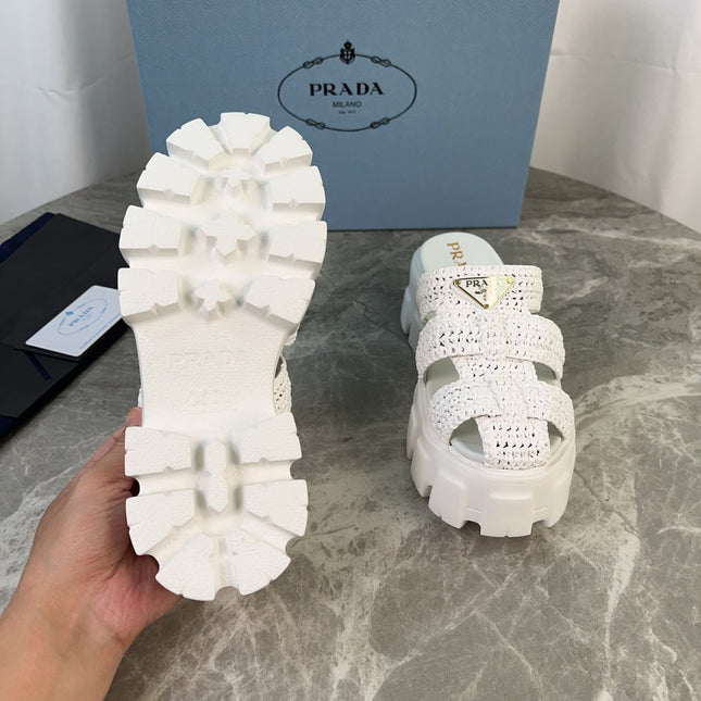 PRADA 25S MONOLITH RUBBER MULES IN WHITE RAFFIA AND LAMBSKIN
