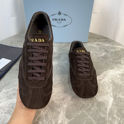 PRADA 25S MONTECARLO ANTIQUED SNEAKERS IN DARK BROWN SUEDE