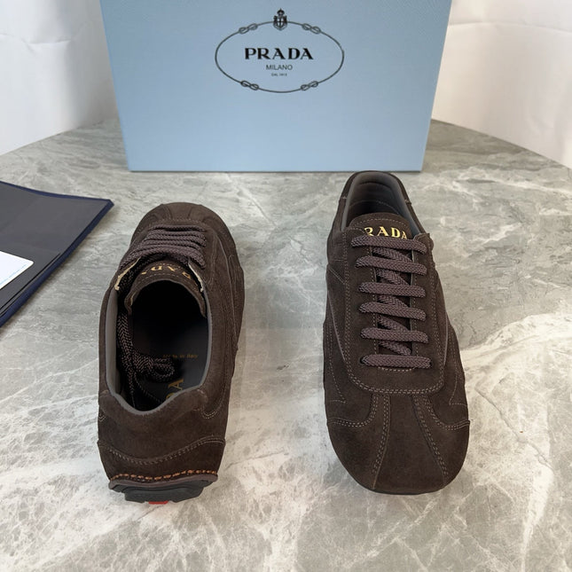 PRADA 25S MONTECARLO ANTIQUED SNEAKERS IN DARK BROWN SUEDE