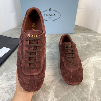 PRADA 25S MONTECARLO ANTIQUED SNEAKERS IN MAHOGANY BROWN SUEDE