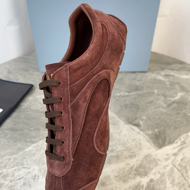 PRADA 25S MONTECARLO ANTIQUED SNEAKERS IN MAHOGANY BROWN SUEDE