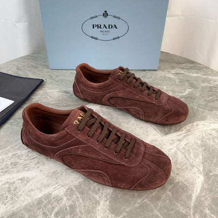 PRADA 25S MONTECARLO ANTIQUED SNEAKERS IN MAHOGANY BROWN SUEDE
