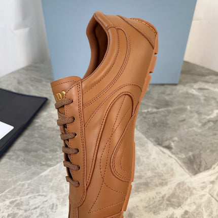 PRADA 25S MONTECARLO ANTIQUED SNEAKERS IN CARAMEL NAPPA LEATHER