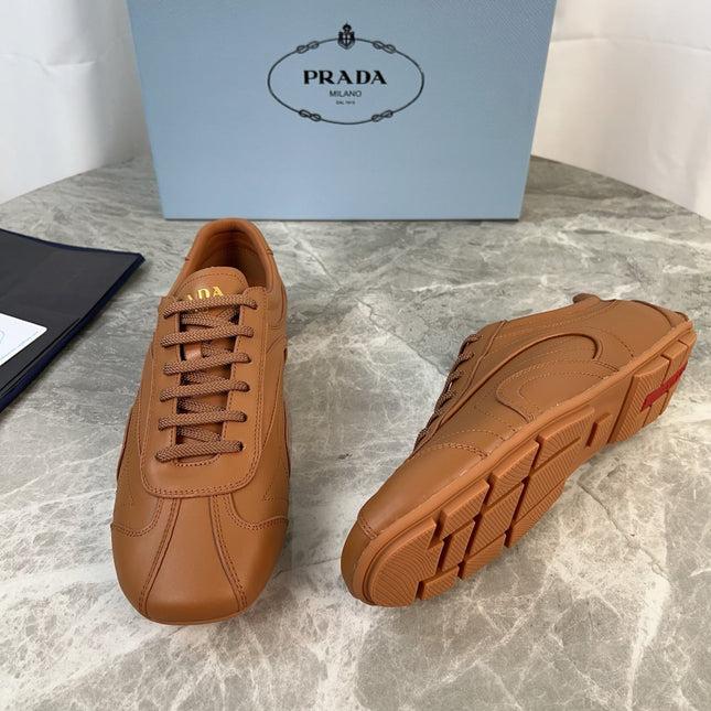 PRADA 25S MONTECARLO ANTIQUED SNEAKERS IN CARAMEL NAPPA LEATHER