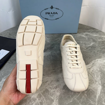 PRADA 25S MONTECARLO ANTIQUED SNEAKERS IN CHALK WHITE NAPPA LEATHER