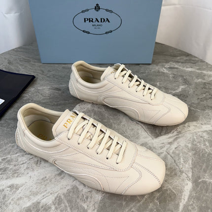 PRADA 25S MONTECARLO ANTIQUED SNEAKERS IN CHALK WHITE NAPPA LEATHER