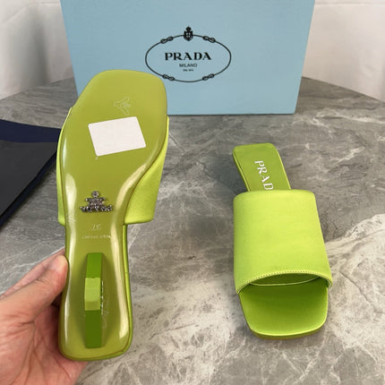 PRADA 25S TRIANGLE HEEL SANDALS 35MM IN LIME YELLOW SATIN