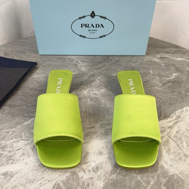 PRADA 25S TRIANGLE HEEL SANDALS 35MM IN LIME YELLOW SATIN
