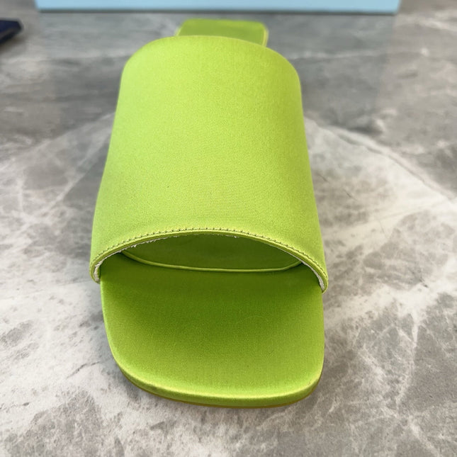 PRADA 25S TRIANGLE HEEL SANDALS 35MM IN LIME YELLOW SATIN