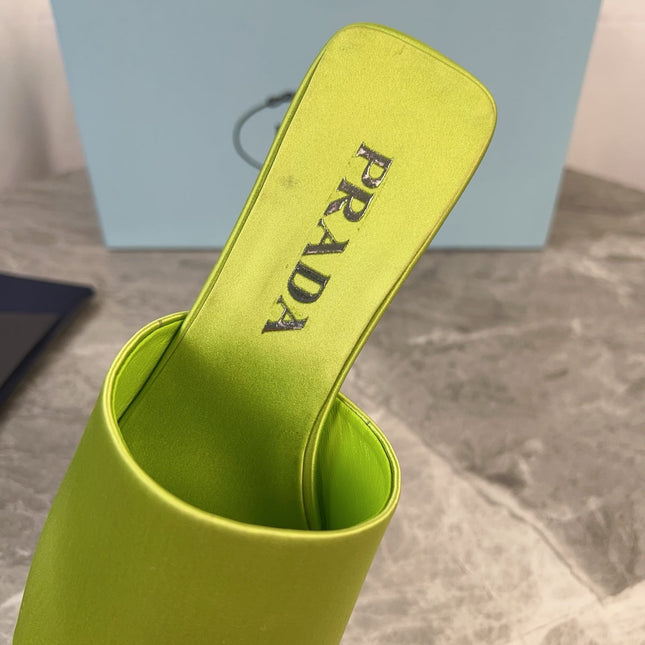 PRADA 25S TRIANGLE HEEL SANDALS 35MM IN LIME YELLOW SATIN