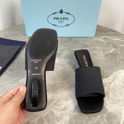 PRADA 25S TRIANGLE HEEL SANDALS 35MM IN BLACK SATIN