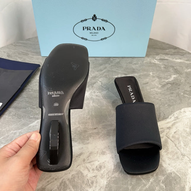 PRADA 25S TRIANGLE HEEL SANDALS 35MM IN BLACK SATIN