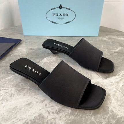 PRADA 25S TRIANGLE HEEL SANDALS 35MM IN BLACK SATIN