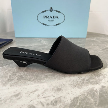 PRADA 25S TRIANGLE HEEL SANDALS 35MM IN BLACK SATIN