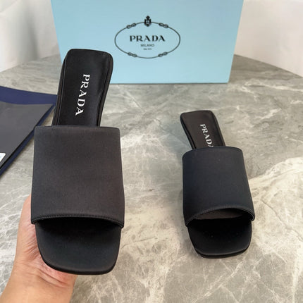 PRADA 25S TRIANGLE HEEL SANDALS 35MM IN BLACK SATIN