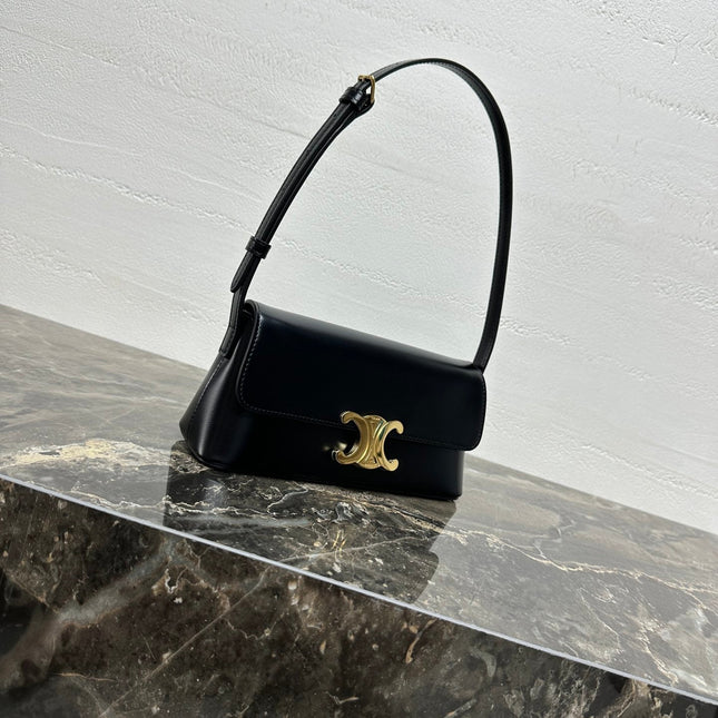 CELINE 25S TRIOMPHE BAG 24 IN BLACK SHINY CALFSKIN