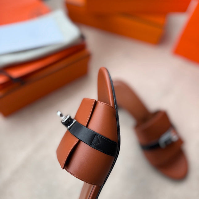 HIGH MULES IN BRONZE BROWN MIX BLACK CALFSKIN