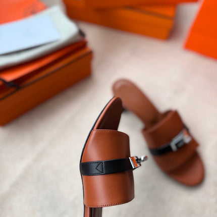 HIGH MULES IN BRONZE BROWN MIX BLACK CALFSKIN