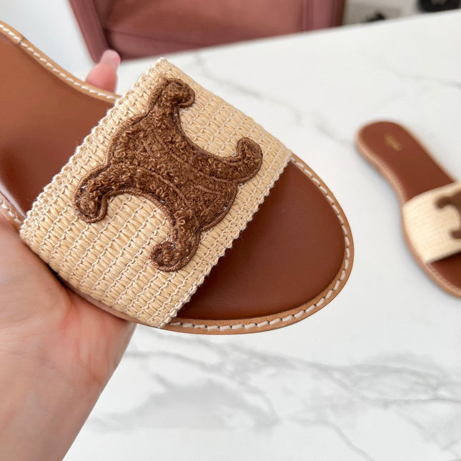 LYMPIA MULE BEIGE RAFFIA AND BROWN WOOL LOGO