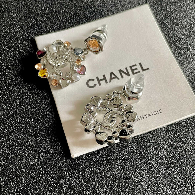 DOUBLE C STUD EARRINGS IN SILVER METAL WHITE PEARL MULTICOLOR STONES