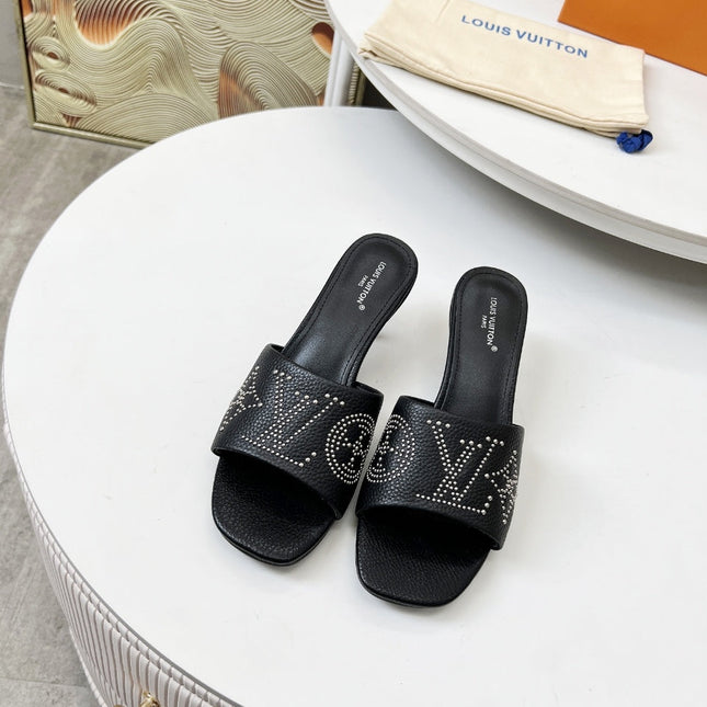 HIGH MULE IN BLACK LAMBSKIN WITH RHINSTONES 55 MM