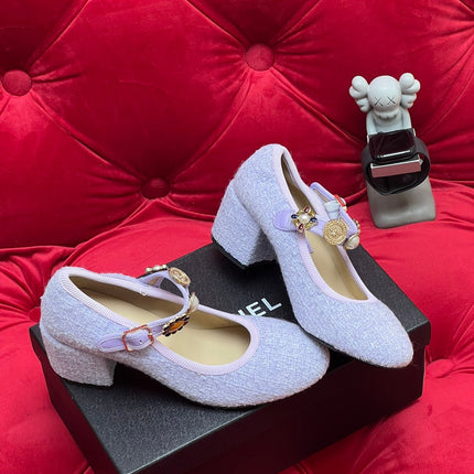 HIGH MARY JANE SHOES LIGHT BLUE WOOL TWEED