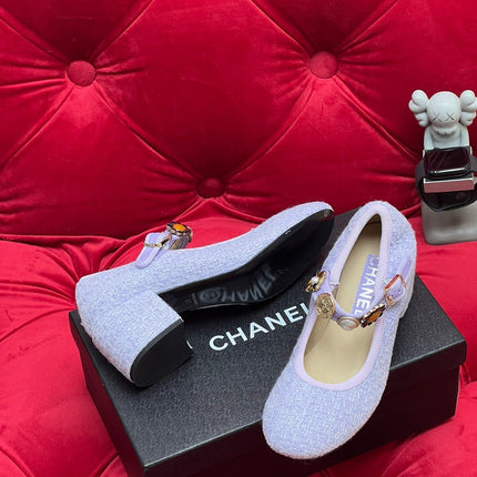 HIGH MARY JANE SHOES LIGHT BLUE WOOL TWEED