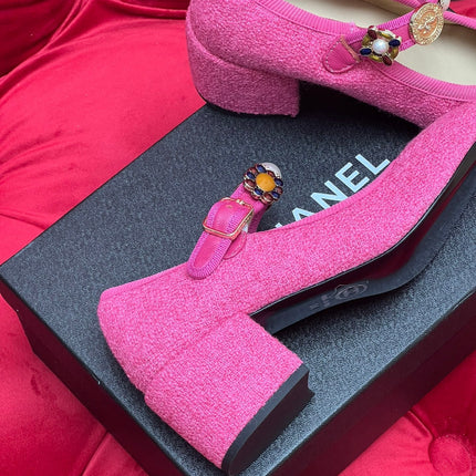 HIGH MARY JANE SHOES HOT PINK WOOL TWEED