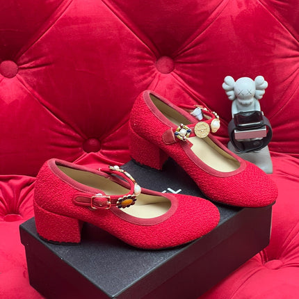 HIGH MARY JANE SHOES CHERRY RED WOOL TWEED