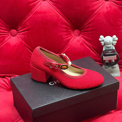 HIGH MARY JANE SHOES CHERRY RED WOOL TWEED