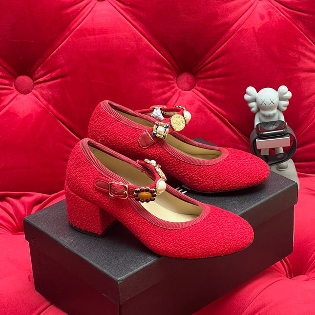 HIGH MARY JANE SHOES CHERRY RED WOOL TWEED