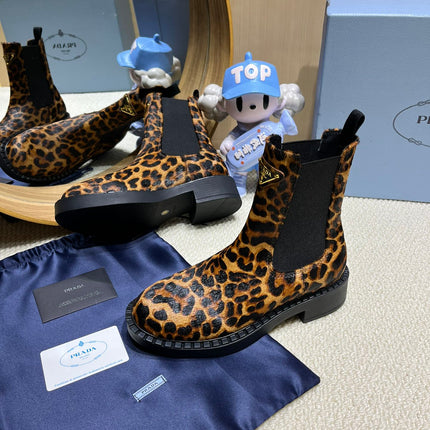 ANKLE BOOTS ATTACHED TRIANGLE LOGO IN LEOPARD PRINT HORSEHAIR