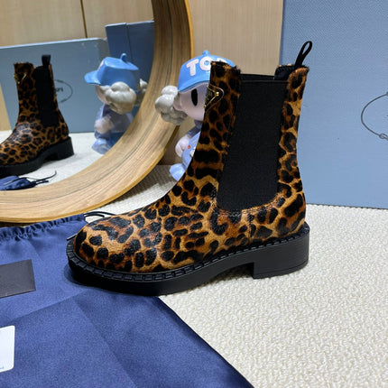 ANKLE BOOTS ATTACHED TRIANGLE LOGO IN LEOPARD PRINT HORSEHAIR