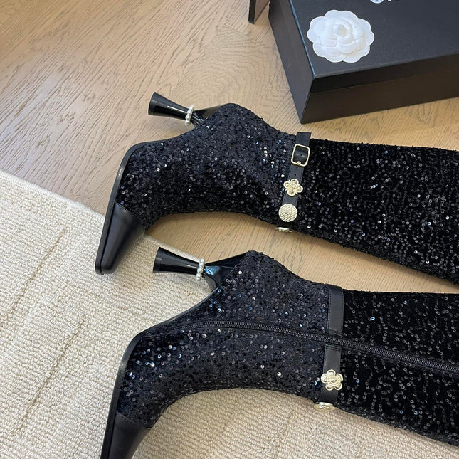 KNEE HIGH BOOTS IN BLACK CALFSKIN AND SEQUINS