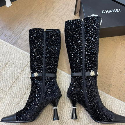 KNEE HIGH BOOTS IN BLACK CALFSKIN AND SEQUINS