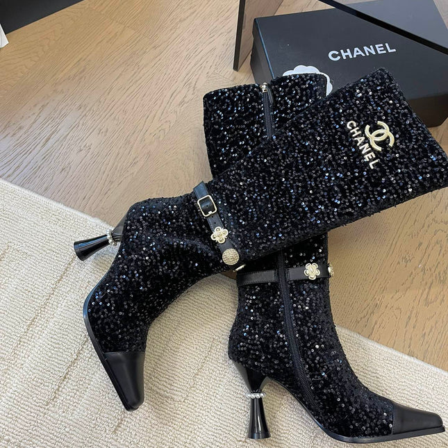 KNEE HIGH BOOTS IN BLACK CALFSKIN AND SEQUINS