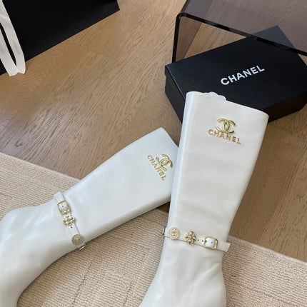 KNEE HIGH BOOTS IN WHITE MIX BLACK CALFSKIN