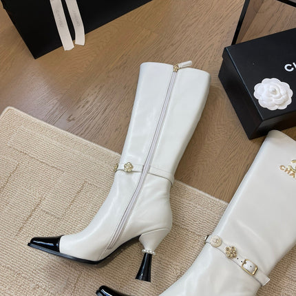 KNEE HIGH BOOTS IN WHITE MIX BLACK CALFSKIN