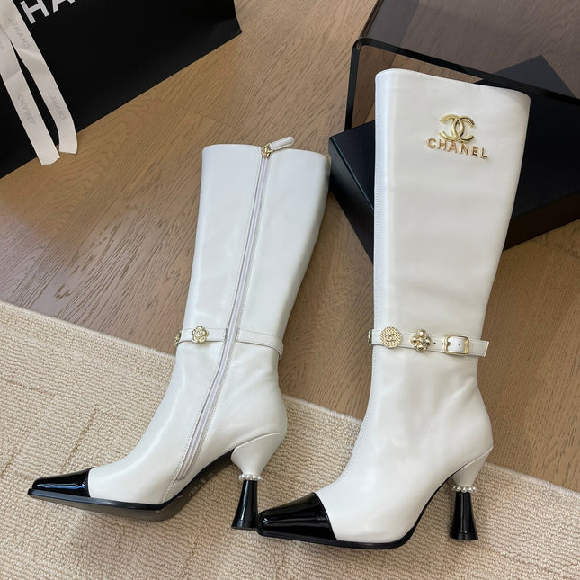 KNEE HIGH BOOTS IN WHITE MIX BLACK CALFSKIN