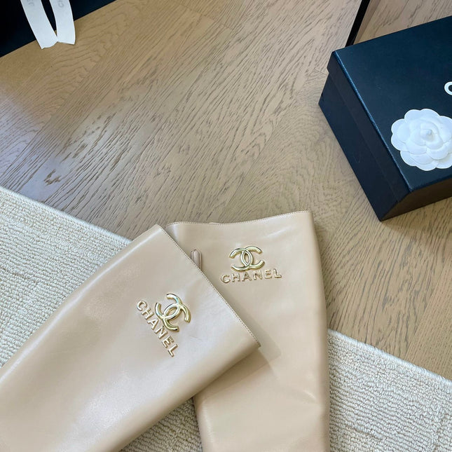 KNEE HIGH BOOTS IN BEIGE MIX BLACK CALFSKIN