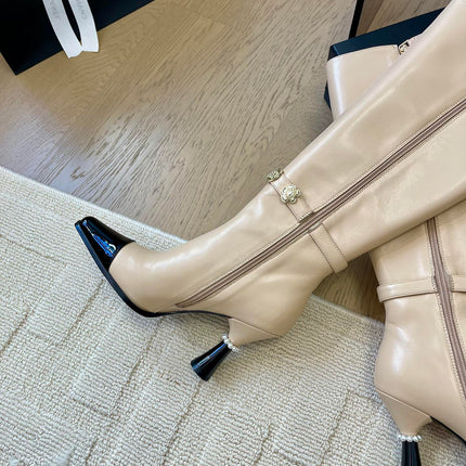 KNEE HIGH BOOTS IN BEIGE MIX BLACK CALFSKIN