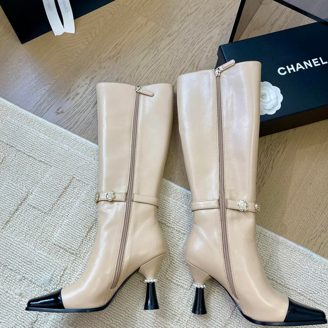 KNEE HIGH BOOTS IN BEIGE MIX BLACK CALFSKIN