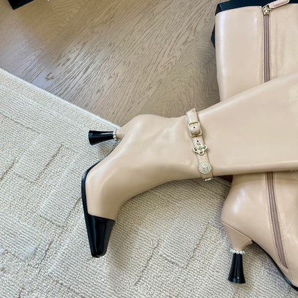 KNEE HIGH BOOTS IN BEIGE MIX BLACK CALFSKIN