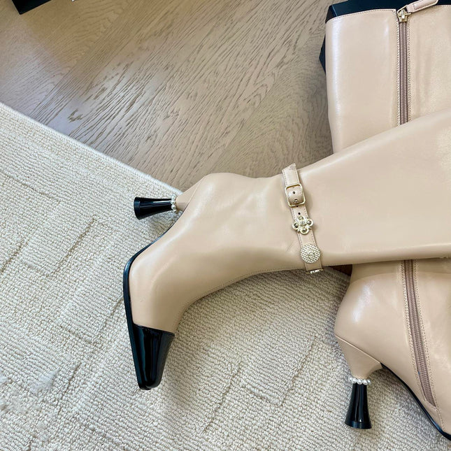 KNEE HIGH BOOTS IN BEIGE MIX BLACK CALFSKIN